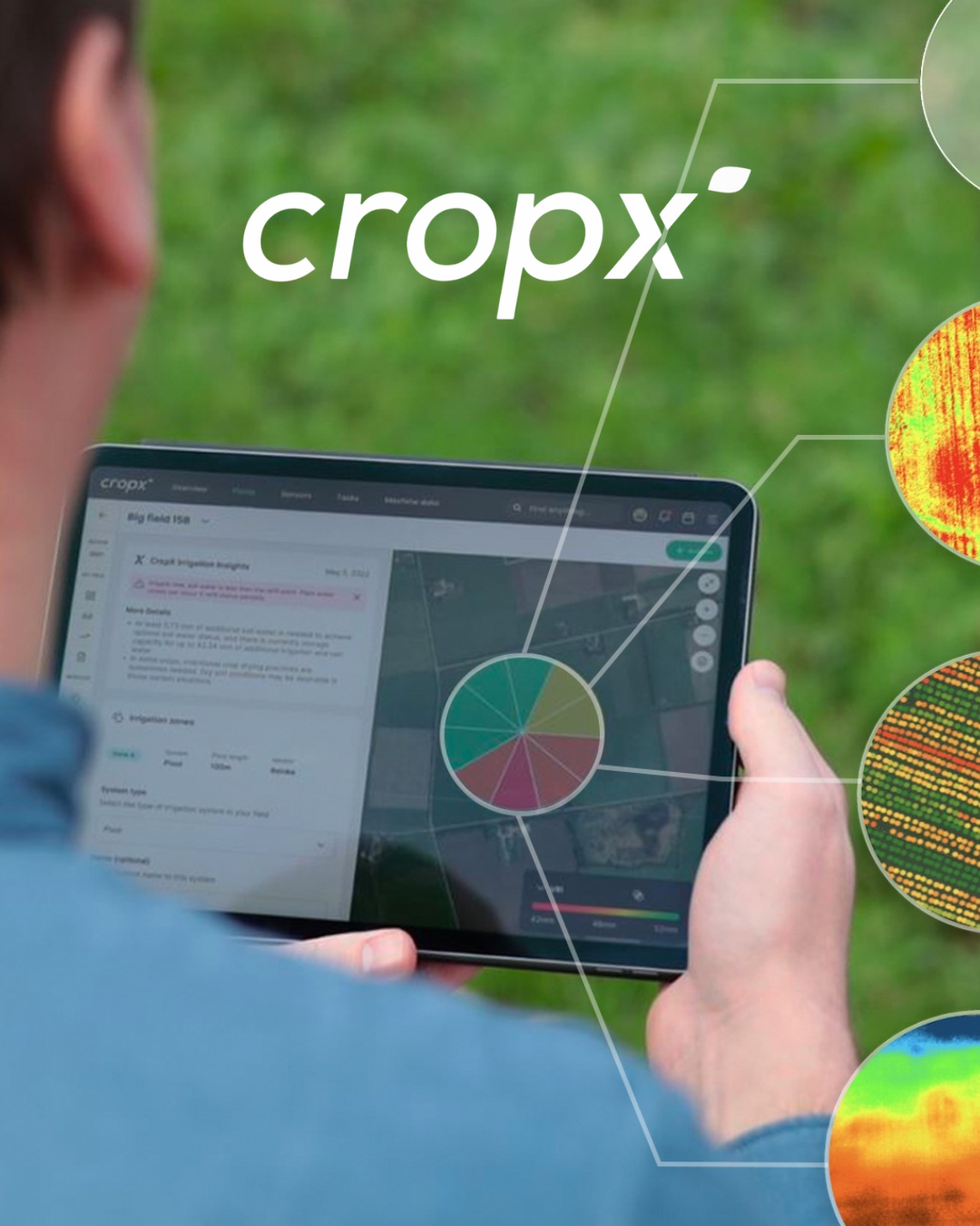 Farmer holding a tablet showing the CropX dashboard with irrigation insights and paddock maps