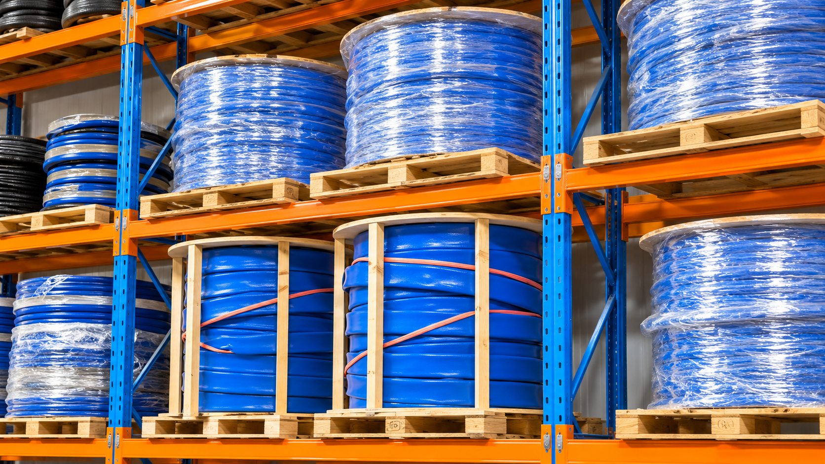 Reels of blue Snap-tite layflat irrigation hose on warehouse racking